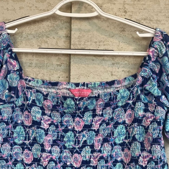 Simply Southern Crop Smocked Puff Sleeve Shirred Top Sz XXL Sea Shells Beach - Picture 2 of 14